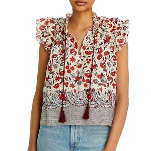 NWT Aqua Floral Flutter Sleeve Tassel Top - Size XS
